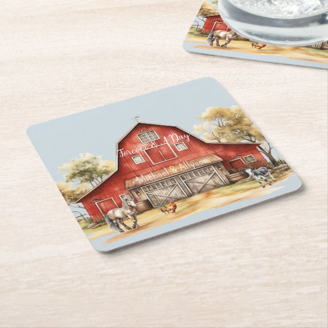 Farm Barn Animals Country Wedding Square Paper Coaster (Angled)