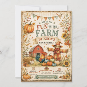Farm Barn Scarecrow Fall Autumn Little Boy's 3rd Invitation