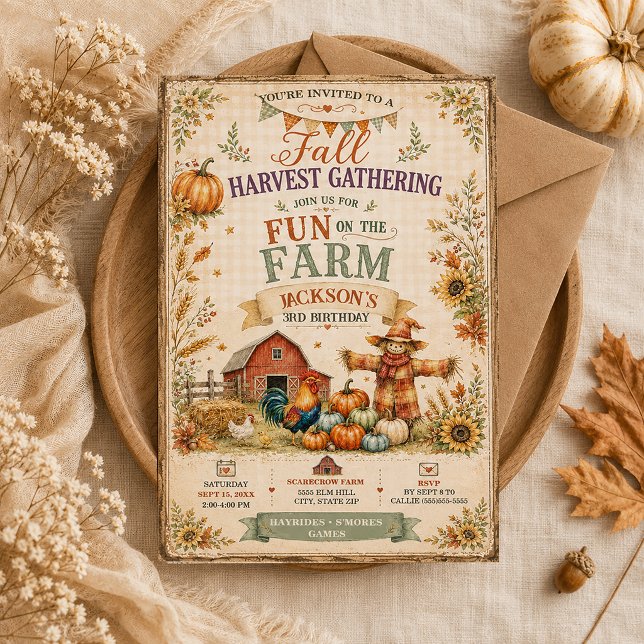 Farm Barn Scarecrow Fall Autumn Little Boy's 3rd  Invitation (Down on the Farm 3rd birthday party invitation)