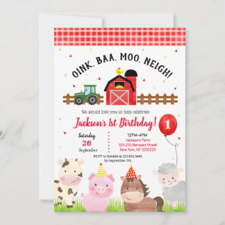 Farm Barnyard 1st Birthday Party Invitations Boy