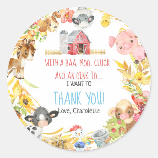 Farm Barnyard Animal Birthday Thank you Classic Round Sticker