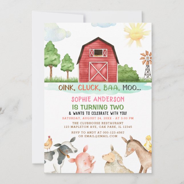 Farm Barnyard Animals 2nd Birthday Invitation (Front)