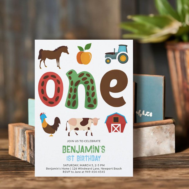 Farm Barnyard Animals Fruits Cute 1st Birthday Invitation (farm tractor animals barnyard petting zoo 1st birthday invitation first boy modern cute illustration)