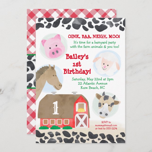 Farm Barnyard Animals Gingham Cow Print Birthday Invitation (Front/Back)