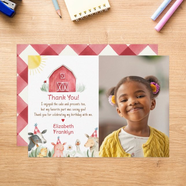 Farm Barnyard Birthday red check Photo Thank You Card (Creator Uploaded)