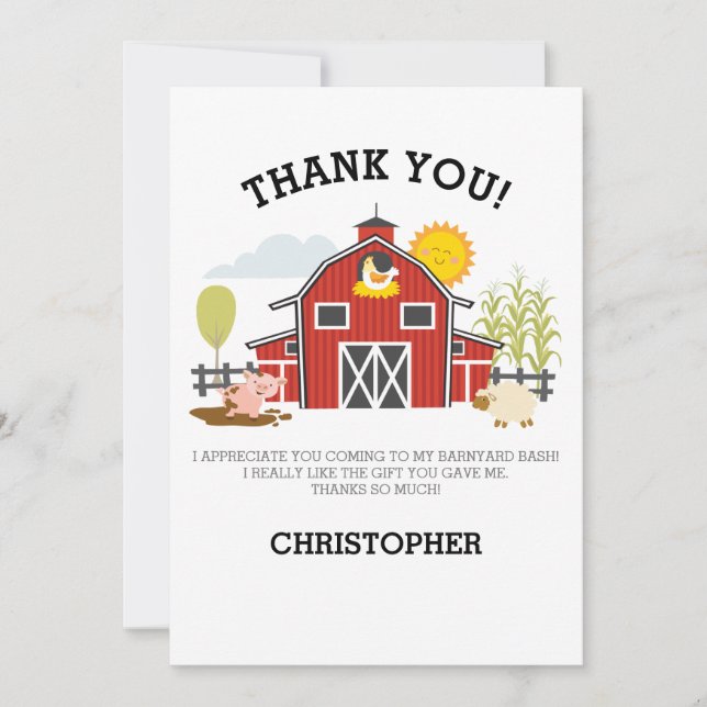 Farm Barnyard Birthday Thank You Card (Front)