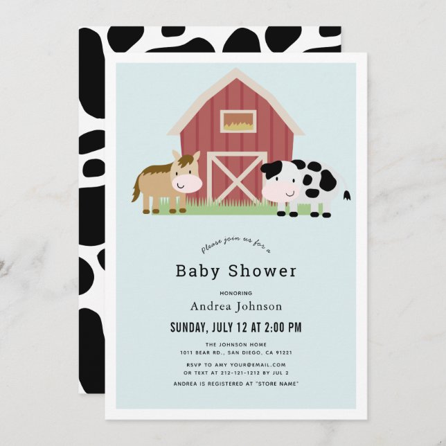 Farm Barnyard Blue Boy Baby Shower Invitation (Front/Back)