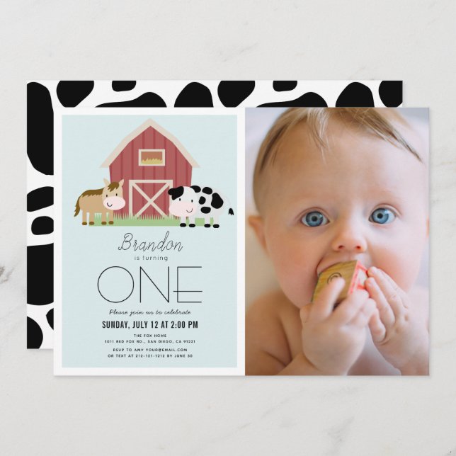 Farm Barnyard Blue Boy Photo 1st Birthday Invitation (Front/Back)