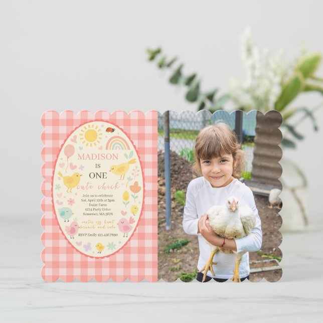 Farm Barnyard Chicken 1st Birthday Party Photo Invitation (Standing Front)