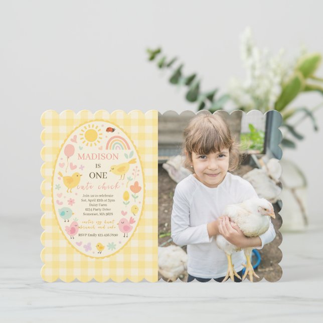 Farm Barnyard Chicken 1st Birthday Photo Invitation (Standing Front)