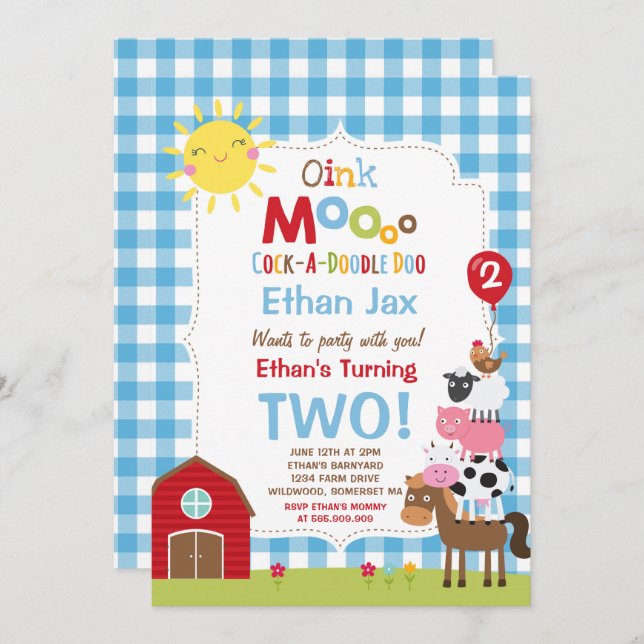 Farm Birthday Invitation Barnyard Birthday Party (Front/Back)