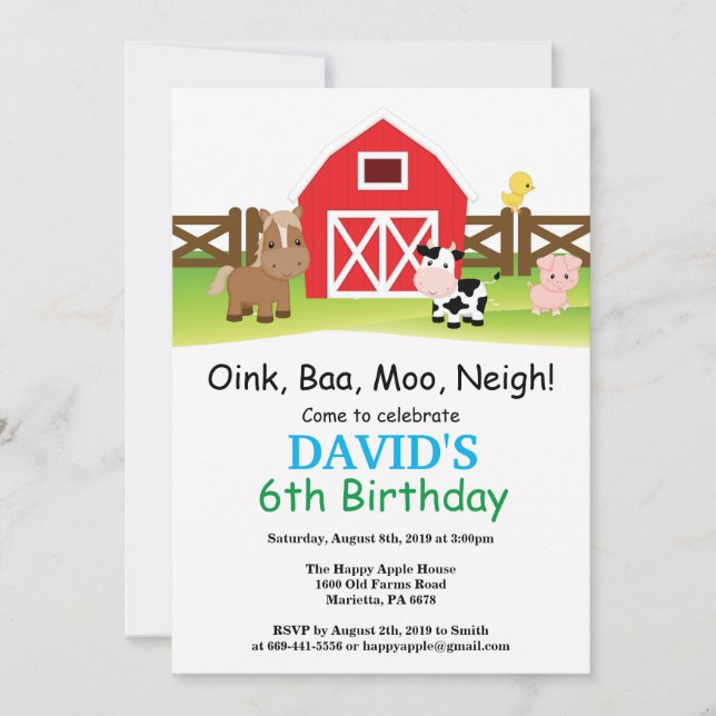 Farm Birthday Invitation Barnyard Party (Front)