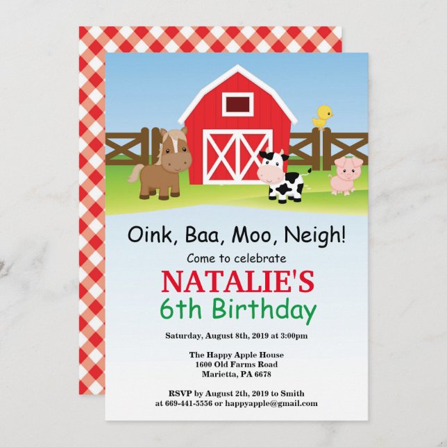 Farm Birthday Invitation Barnyard Party (Front/Back)