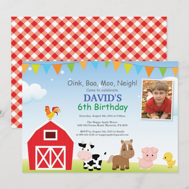 Farm Birthday Invitation Barnyard Party (Front/Back)