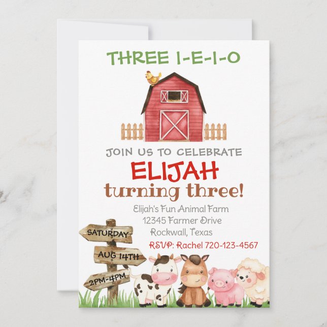 Farm Birthday Invitation, Boy Three I-E-I-O Invitation (Front)