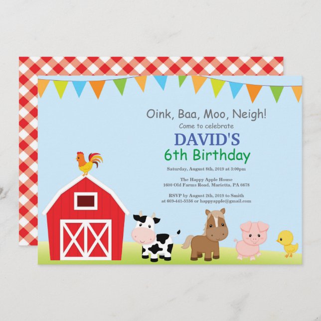 Farm Birthday Invitation Country Barnyard Party (Front/Back)