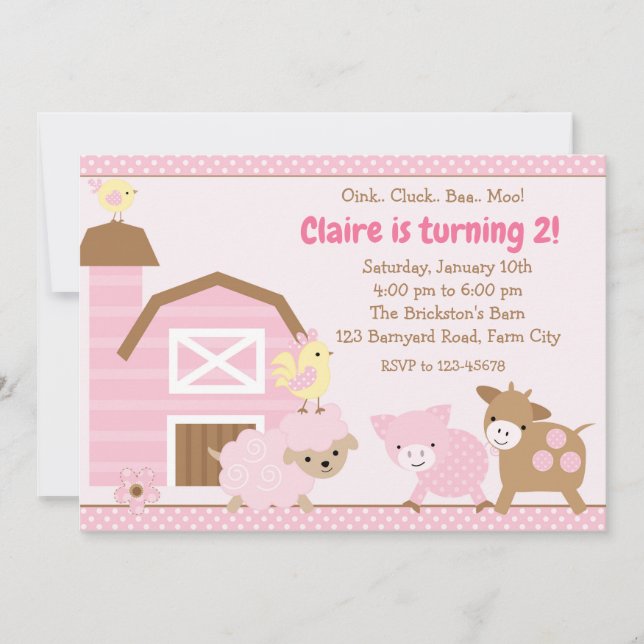 Farm Birthday Invitation - Girl (Pastel Pink) (Front)