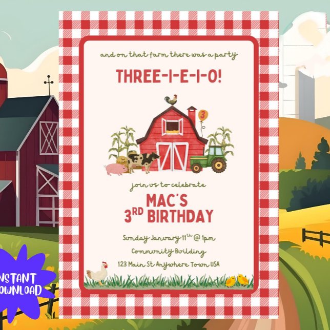 Farm Birthday Invitation Template, Three I E I O I (Creator Uploaded)