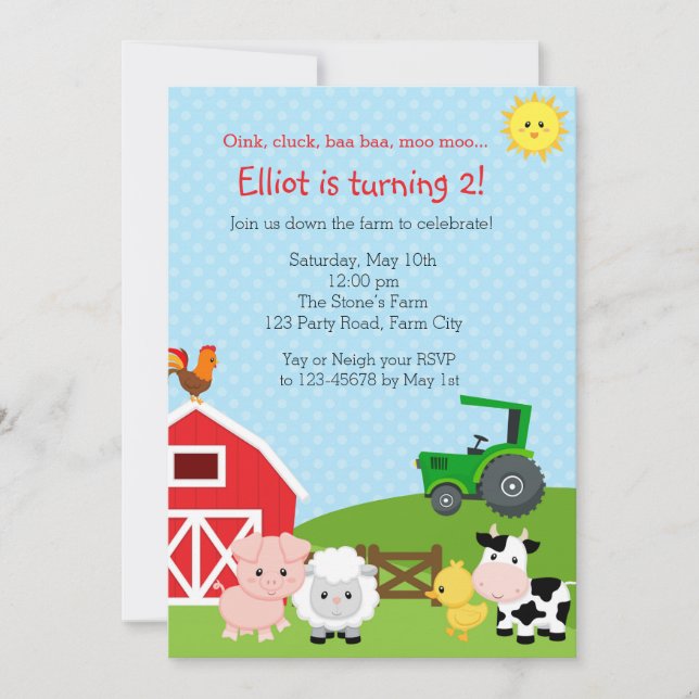 Farm Birthday Invitation with Green Tractor (Barn) (Front)