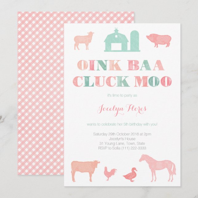 farm birthday party for girl, oink baa cluck moo invitation (Front/Back)