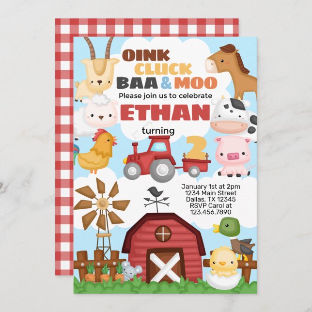 Farm Birthday Party Invitation Invite (Front/Back)