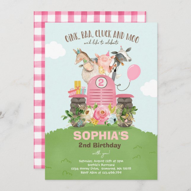Farm Birthday Pink Old MacDonald Barnyard Party Invitation (Front/Back)