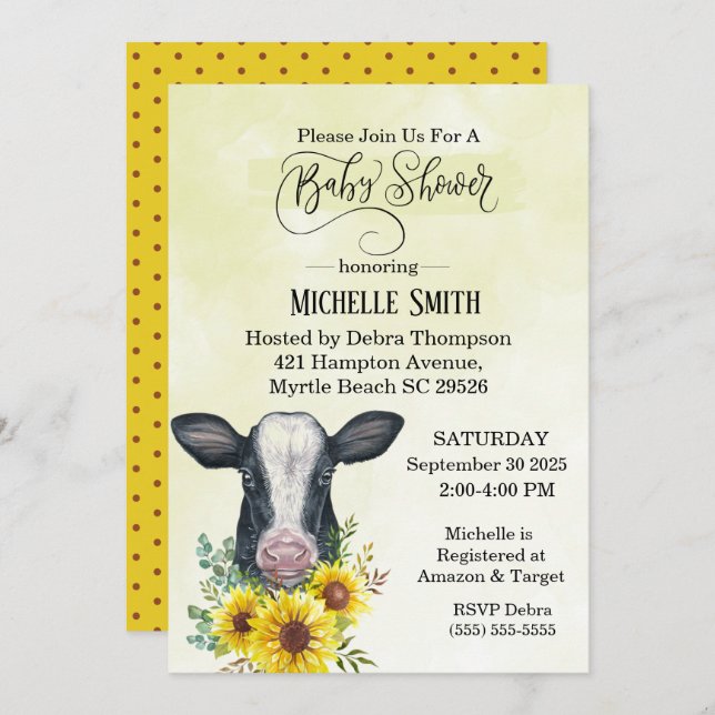 Farm Black Cow Yellow Sunflower Baby Shower   Invitation (Front/Back)