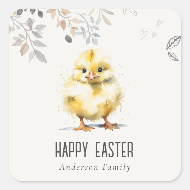 Farm Chick Watercolor Floral Happy Easter Square Sticker (Front)