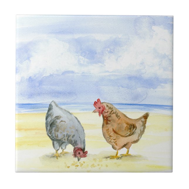 FARM CHICKEN TILE, LOVELY HENS EATING TILE (Front)