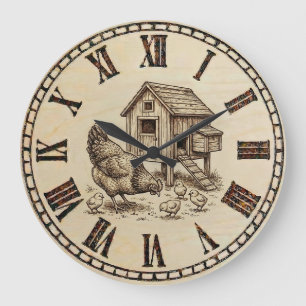 Farm Chicken Wall Clock – Wood-Burned style 