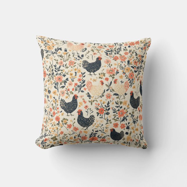 Farm Chickens, Hens \ Flowers Cottage  Cushion (Front)