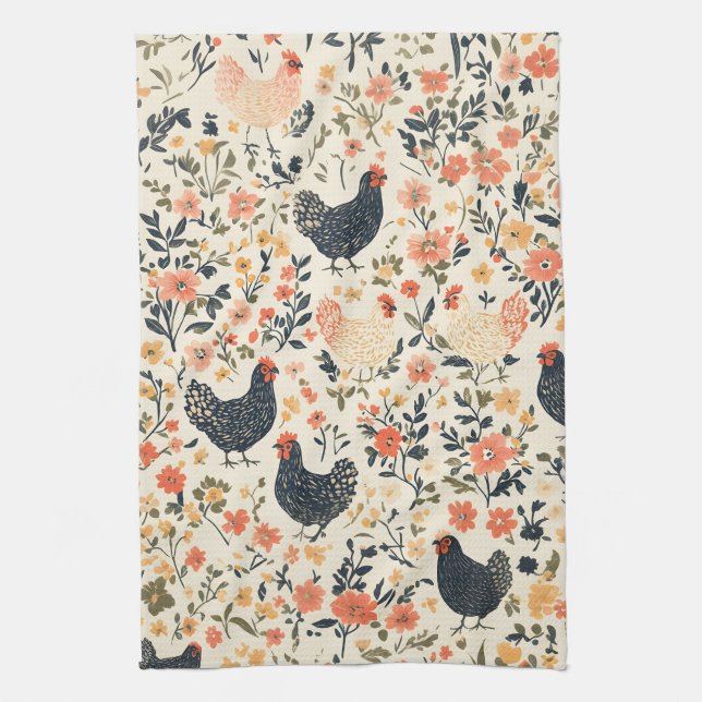 Farm Chickens, Hens \ Flowers Cottage  Tea Towel (Vertical)