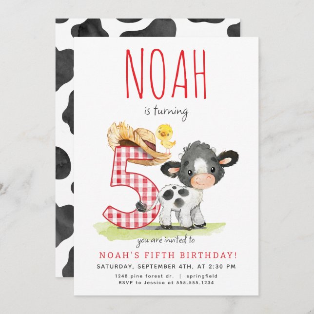 Farm Cow Fifth Birthday Invitation (Front/Back)