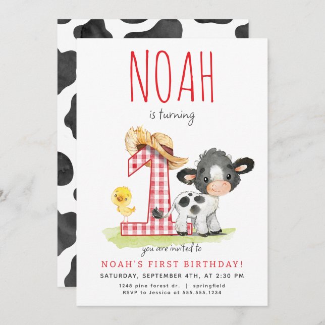 Farm Cow First Birthday Invitation (Front/Back)