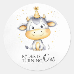 Farm Cow First Birthday Round Favour Stickers