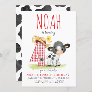 Farm Cow Fourth Birthday Invitation