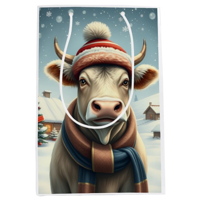 Farm Cow in Preppy Winter Attire and Hat Winter Medium Gift Bag (Front)