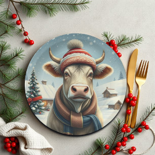 Farm Cow in Preppy Winter Attire and Hat Winter Paper Plate