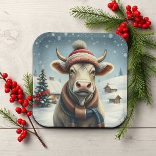 Farm Cow in Preppy Winter Attire and Hat Winter Paper Plate