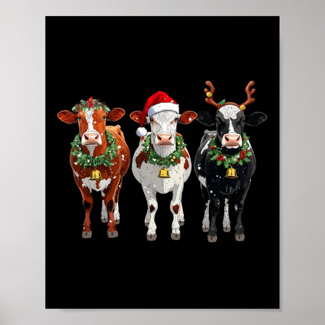 Farm Cow Reindeer Santa Hat Christmas Lights Funny Poster (Front)