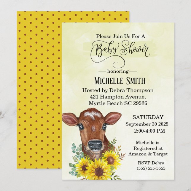 Farm Cow Sunflower Yellow Watercolor Baby Shower Invitation (Front/Back)
