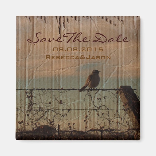 Farm fence bird western barn wedding save the date magnet (Front)