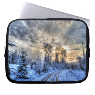Farm Field in Winter Snow at Sunrise Laptop Sleeve