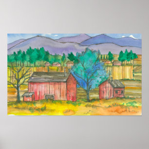 Farm Fields Red Barns Watercolor Landscape Poster