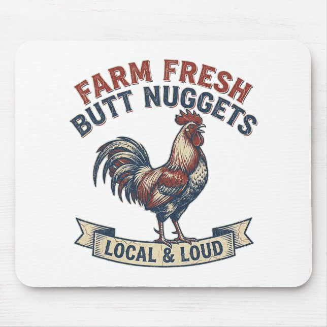 Farm Fresh Butt Nuggets Rooster Funny Retro Chicke Mouse Pad (Front)