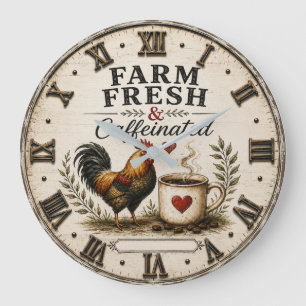Farm Fresh & Caffeinated Rustic Rooster Coffee Large Clock
