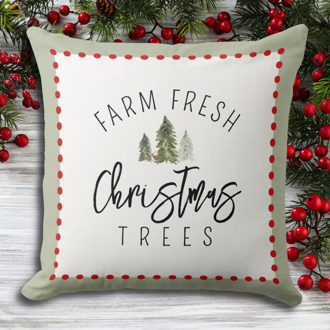 Farm Fresh Christmas Trees Green Red Watercolor Cushion (Creator Uploaded)