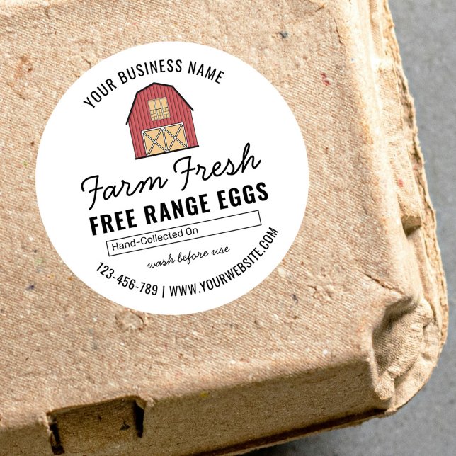 Farm Fresh Free Range Eggs Label Modern Design (fresh farm eggs or produce round stckers with a red barn ilustration)