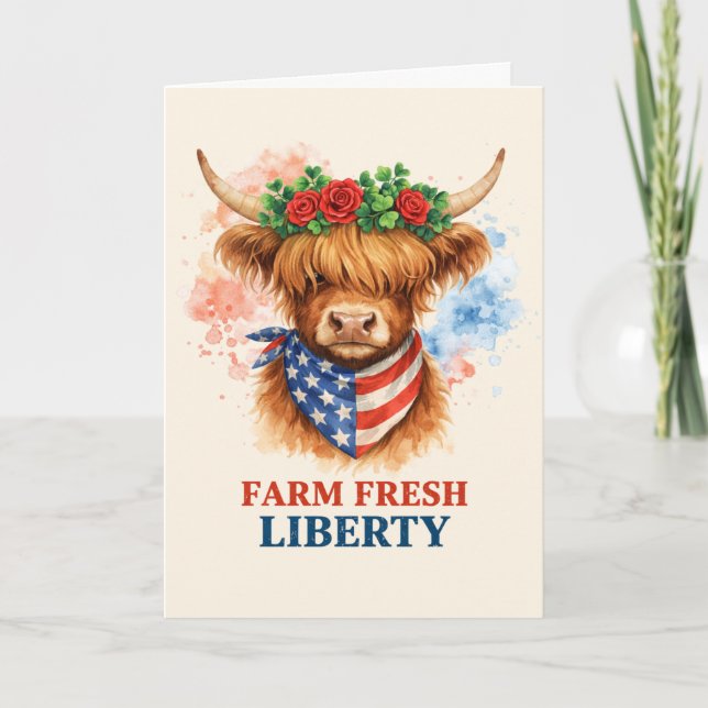 Farm Fresh Liberty Highland Cow Patriotic USA Art Card (Front)