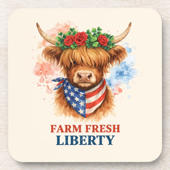 Farm Fresh Liberty Highland Cow Patriotic USA Art Coaster (Front)